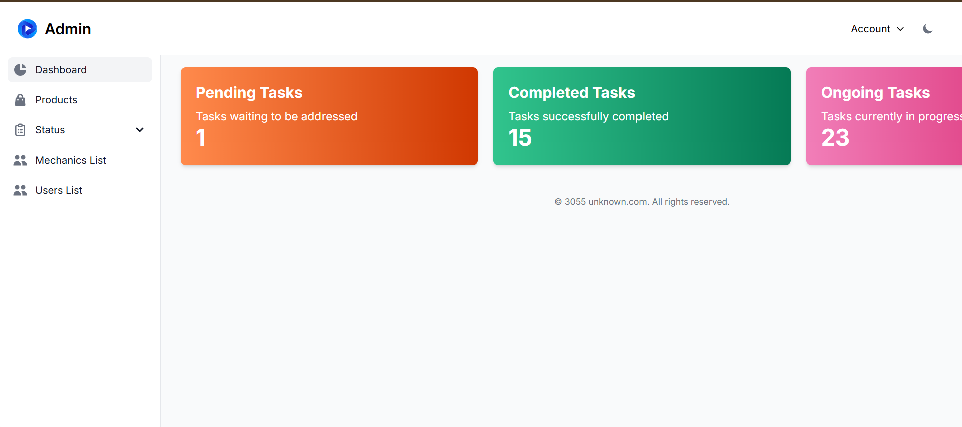 Bullkit Admin Dashboard home page with summary cards and navigation sidebar