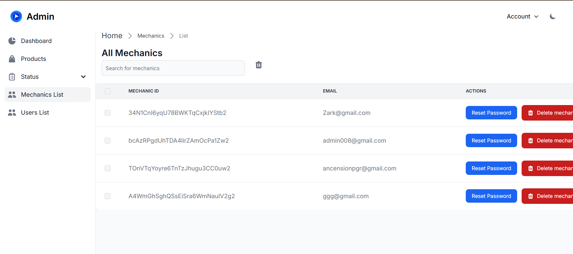 Bullkit Admin Dashboard mechanics list page with mechanic details