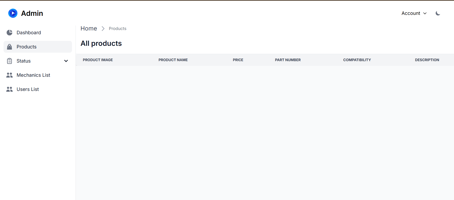Bullkit Admin Dashboard product management page with product list and actions