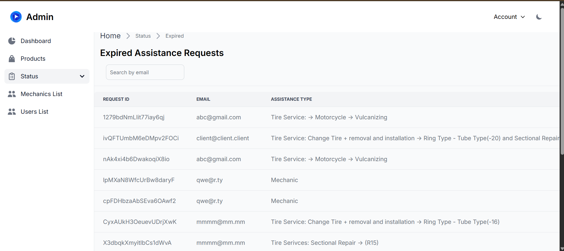 Bullkit Admin Dashboard status page showing completed and expired jobs