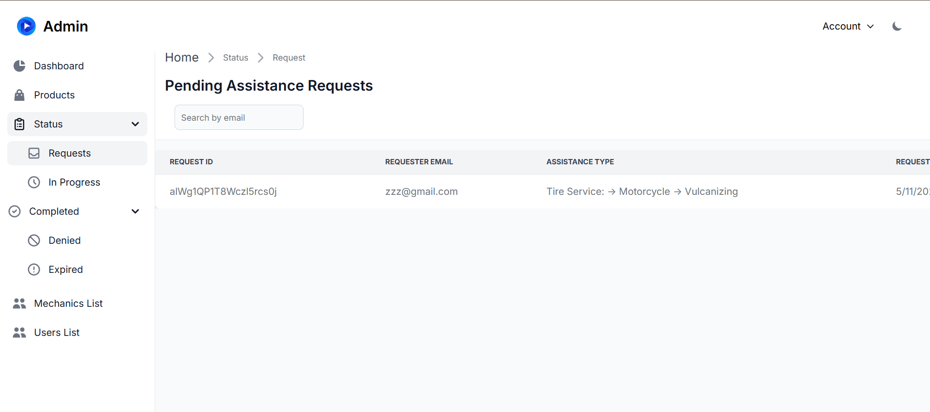 Bullkit Admin Dashboard status page showing service requests