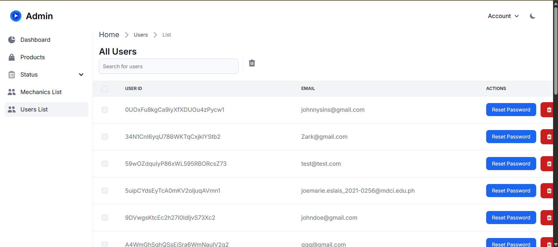 Bullkit Admin Dashboard users list page with user details
