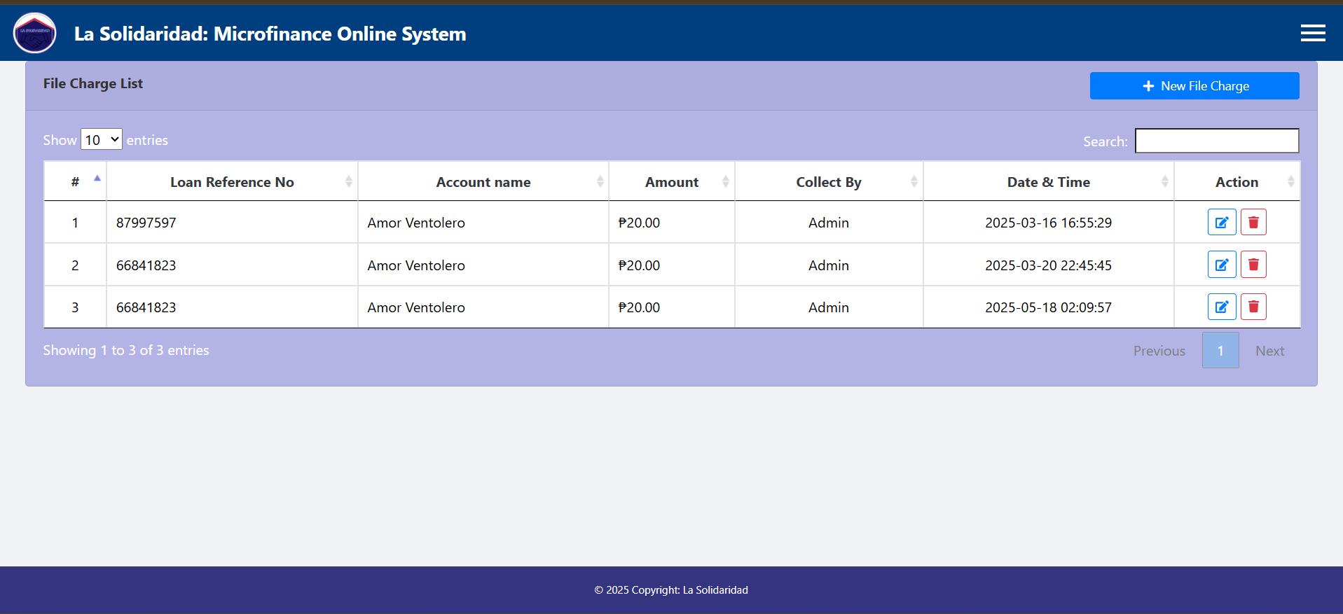 Screenshot of La Solidaridad Loan Management System