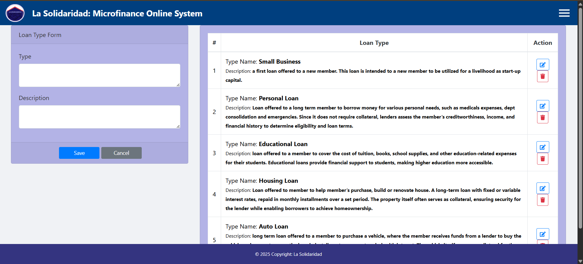Screenshot of La Solidaridad Loan Management System