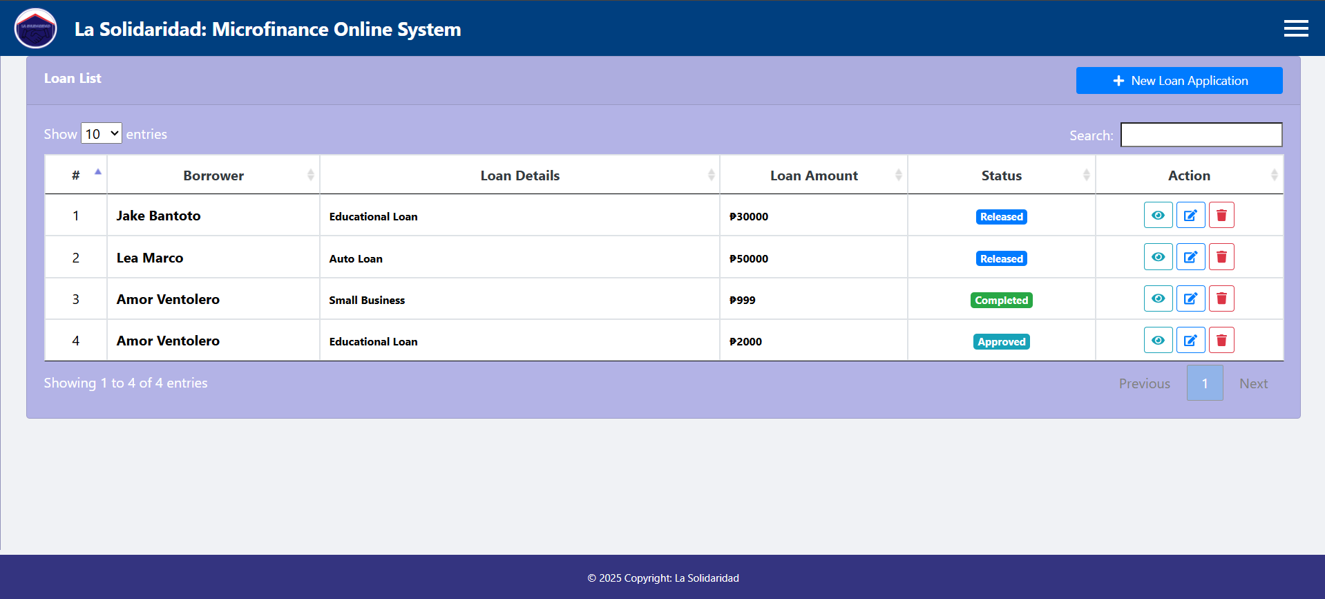 Screenshot of La Solidaridad Loan Management System