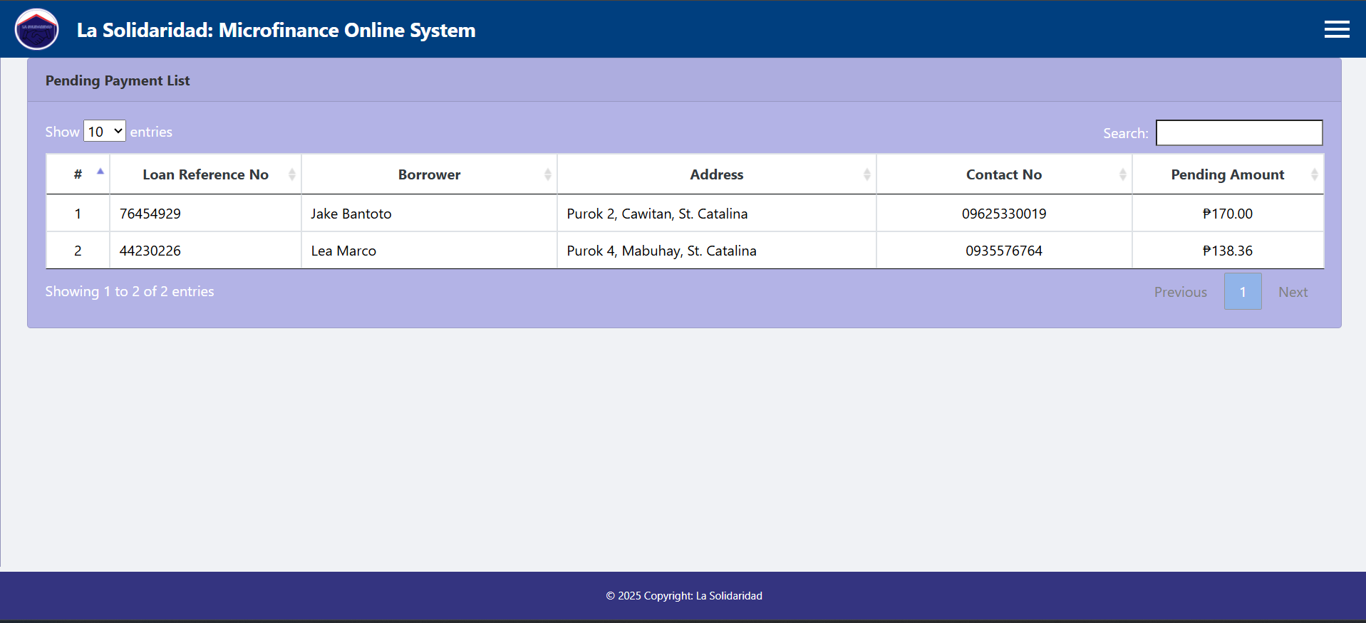Screenshot of La Solidaridad Loan Management System
